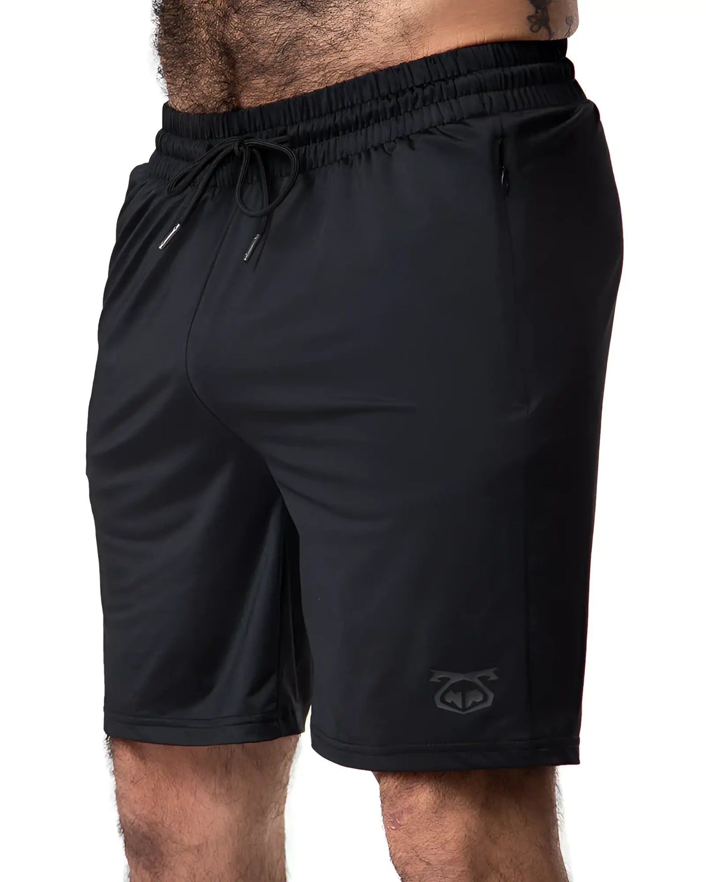 Black drill short athletic shorts with elastic waistband drawstring and subtle logo on the lower right leg