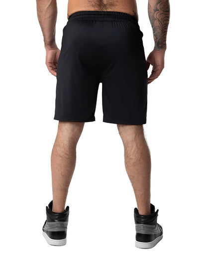Black drill short athletic shorts with an elastic waistband and sleek form-fitting design for activewear use