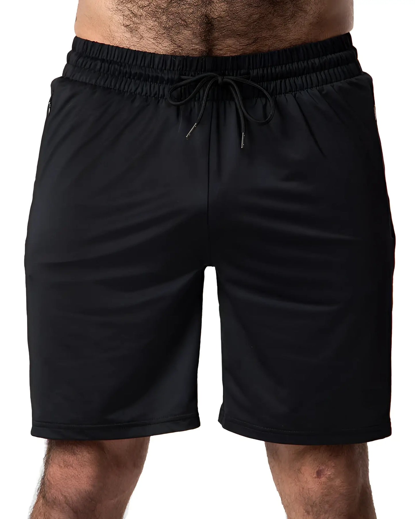 Black drill short athletic shorts with elastic waistband and matching drawstring for comfortable activewear