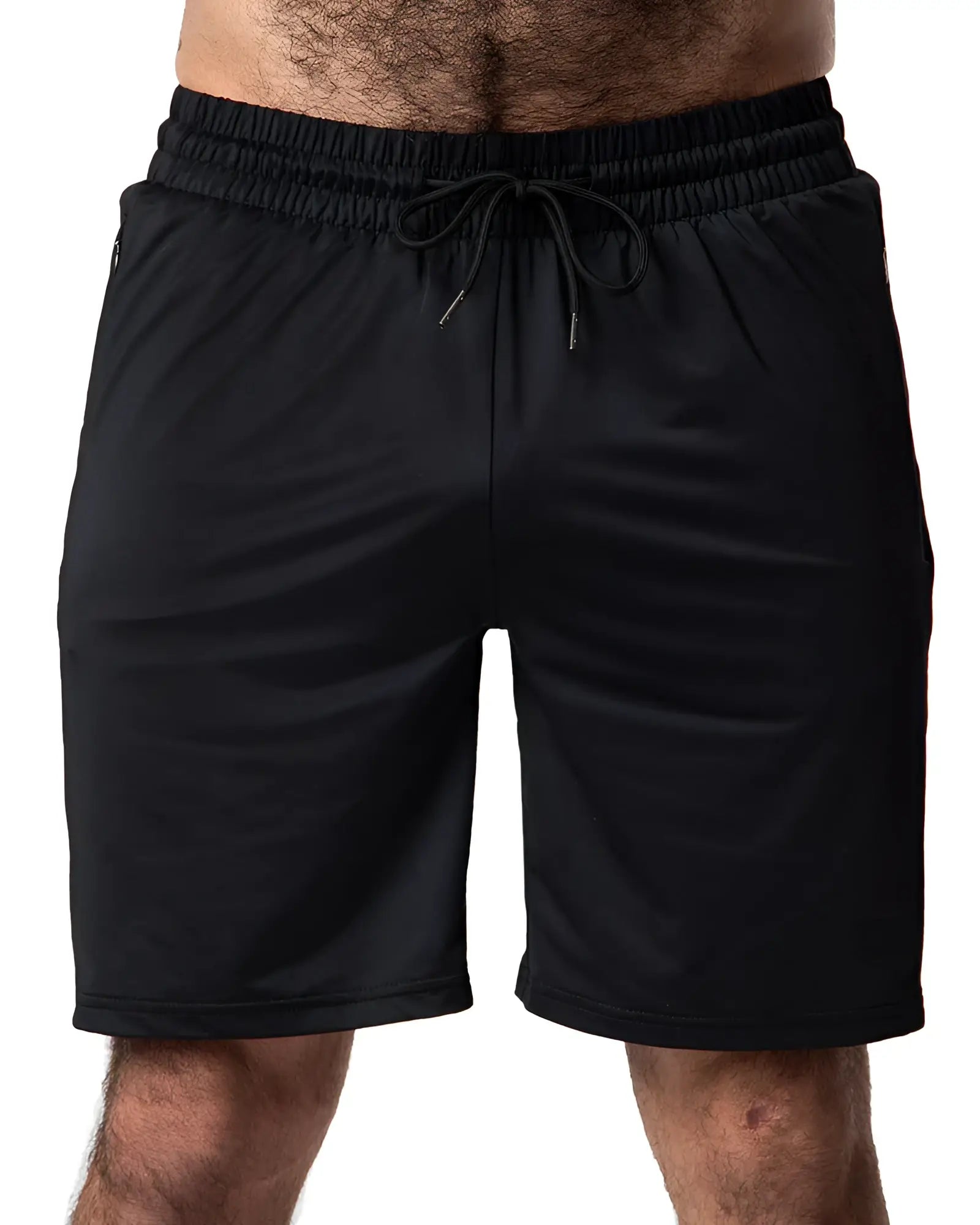 Black drill short athletic shorts with elastic waistband and matching drawstring for comfortable activewear