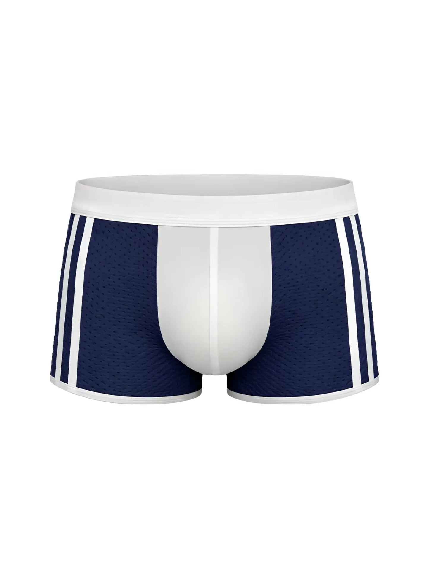 Navy blue mesh dual tone trunk boxer briefs with white waistband and side stripes for comfortable support