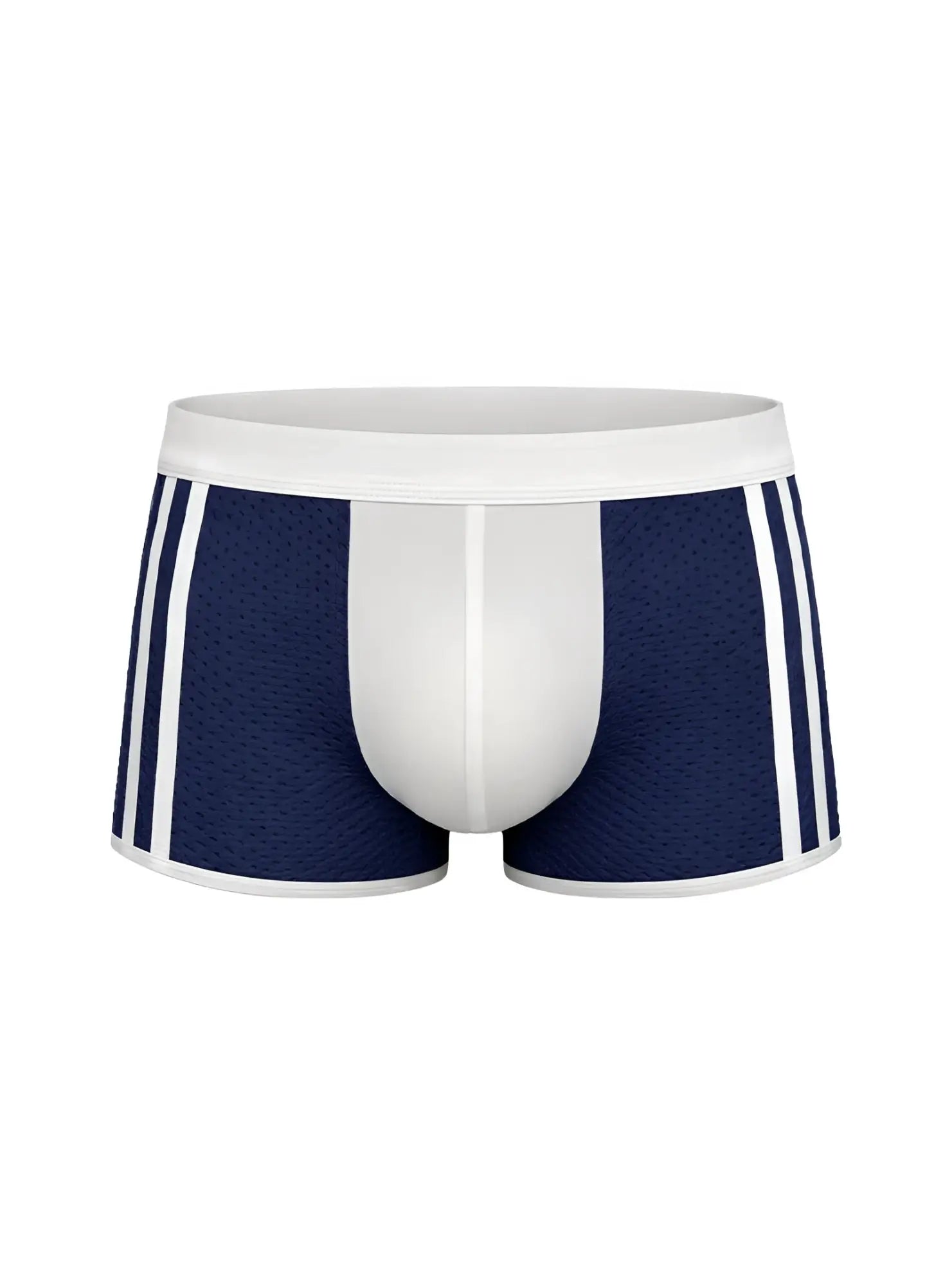 Navy blue mesh dual tone trunk boxer briefs with white waistband and side stripes for comfortable support