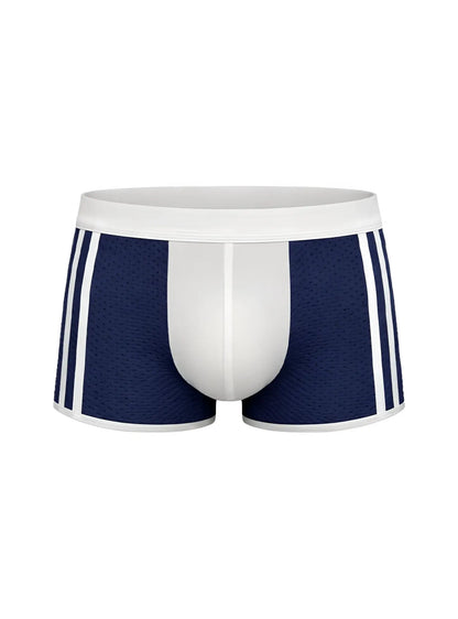 Navy blue mesh dual tone trunk boxer briefs with white waistband and side stripes for comfortable support