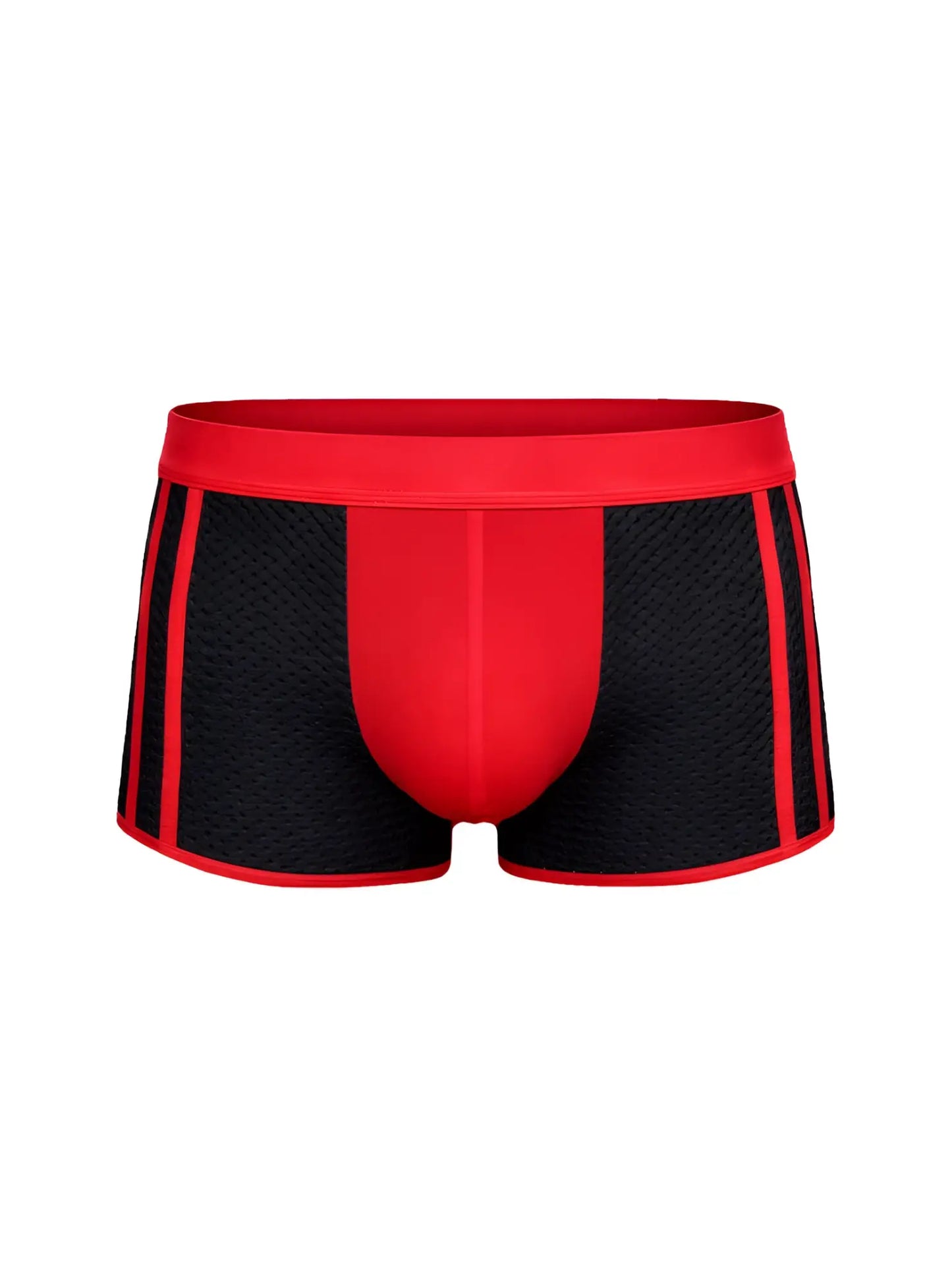 Dual tone trunk red and black mesh boxer briefs with bold red waistband for comfortable everyday wear