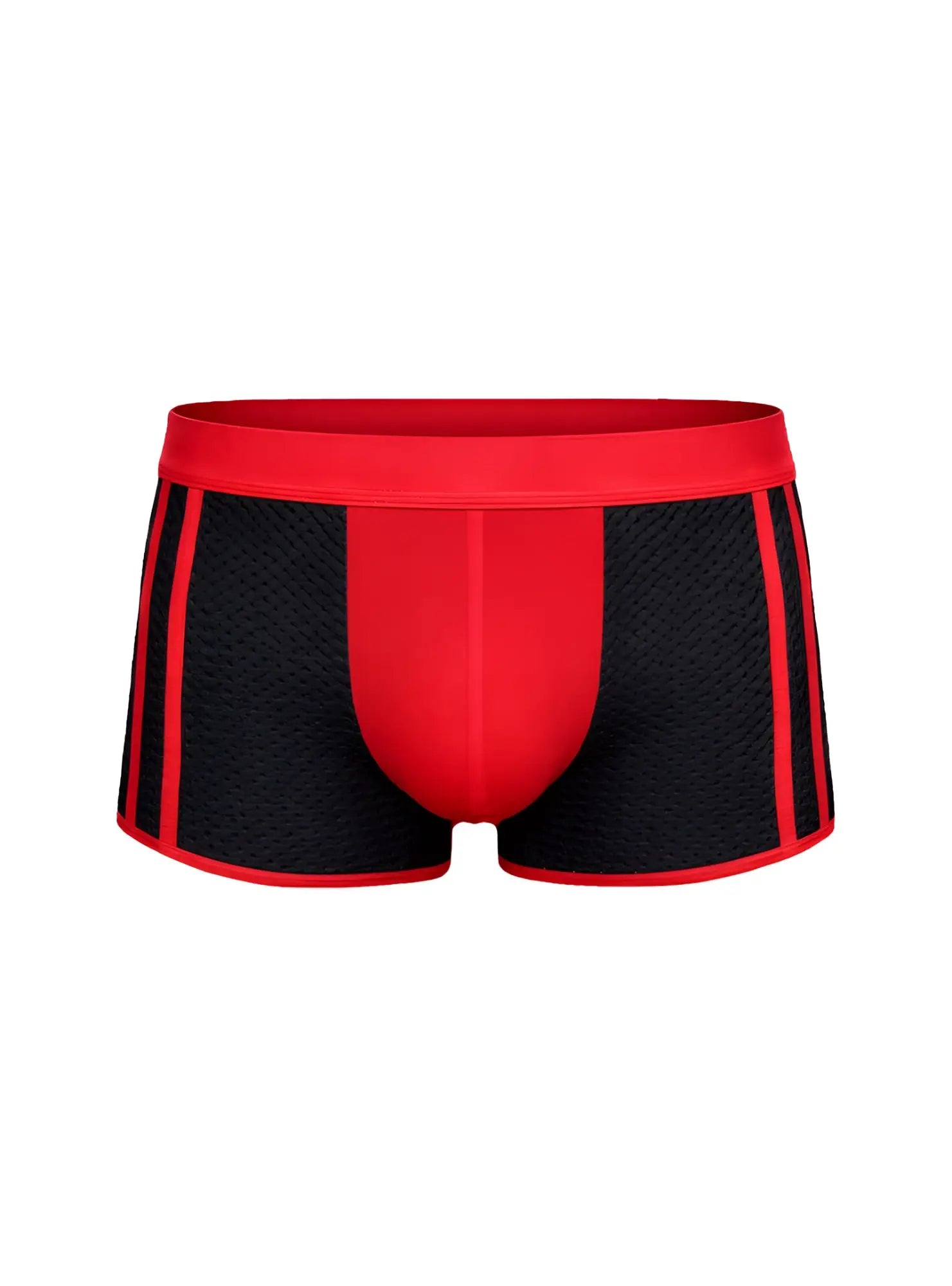 Dual tone trunk red and black mesh boxer briefs with bold red waistband for comfortable everyday wear