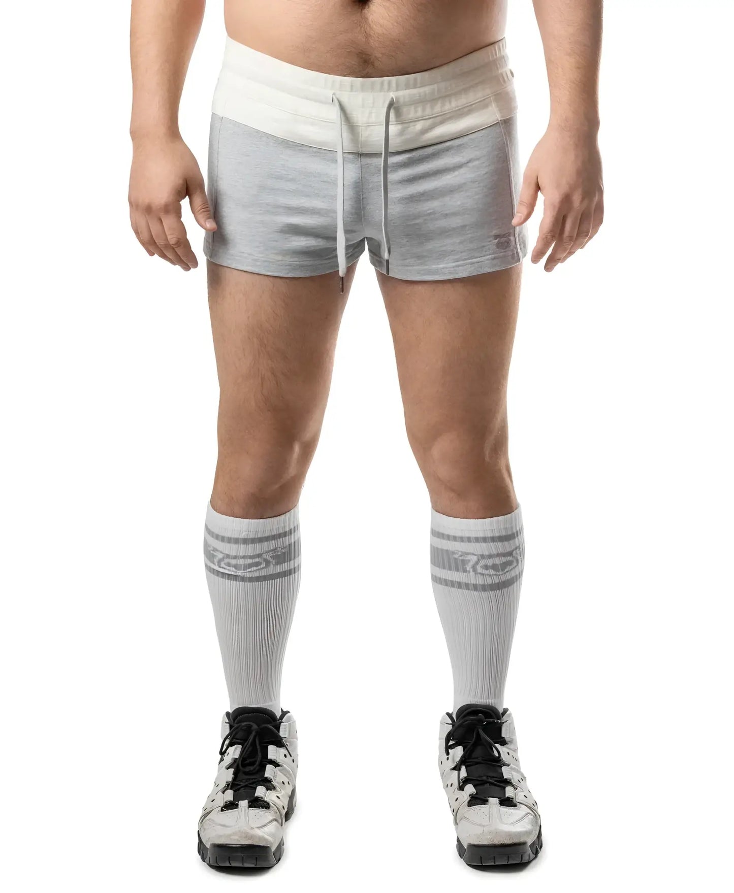 Gray and cream dual trunk short athletic shorts with drawstring waistband designed for comfortable activewear