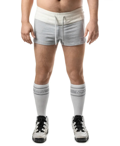 Gray and cream dual trunk short athletic shorts with drawstring waistband designed for comfortable activewear
