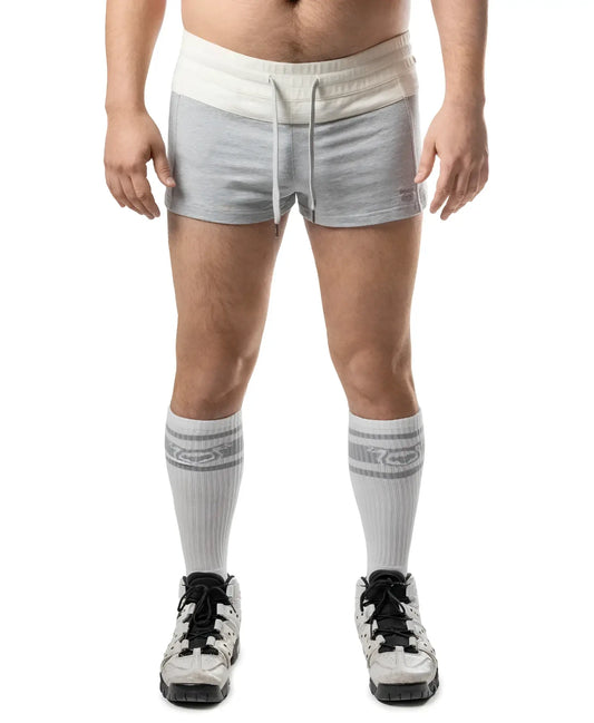 Gray and cream dual trunk short athletic shorts with drawstring waistband designed for comfortable activewear