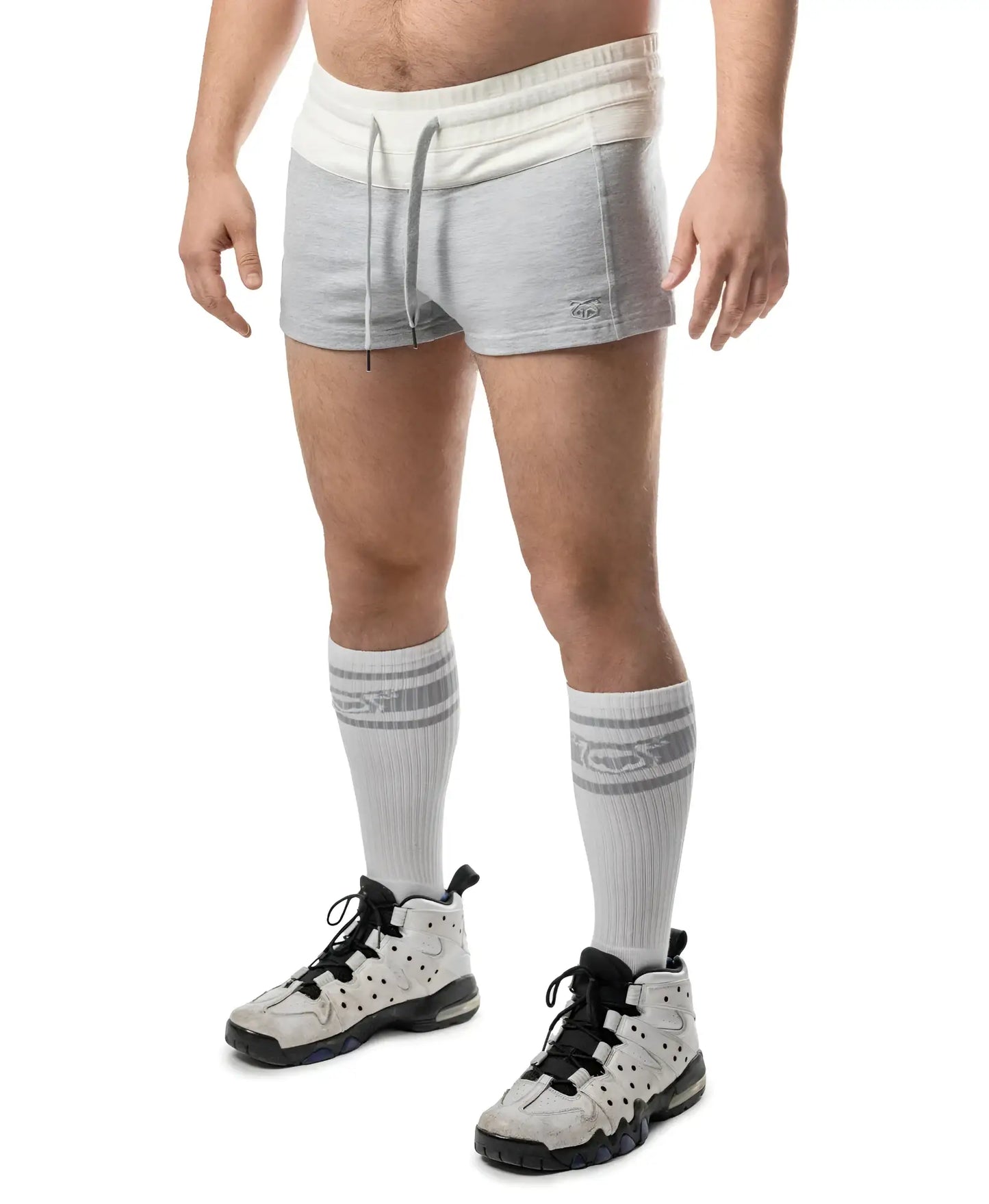 Gray and white dual trunk short athletic shorts with drawstring waistband for comfortable activewear
