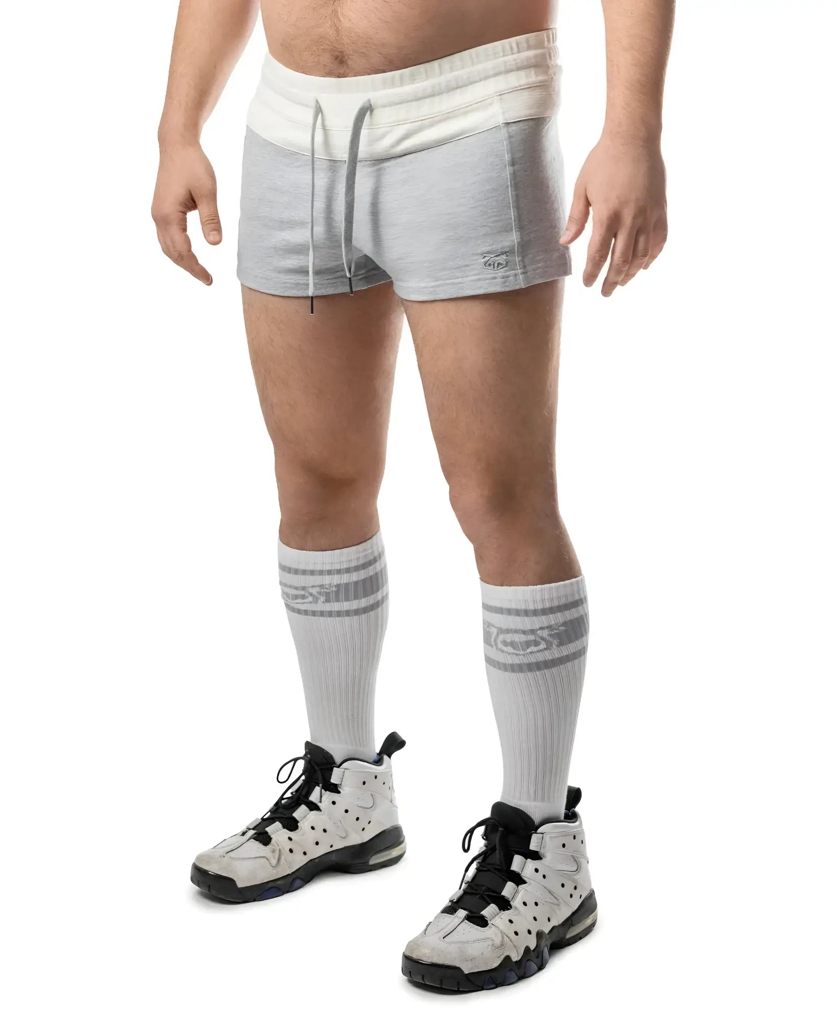 Gray and white dual trunk short athletic shorts with drawstring waistband for comfortable activewear