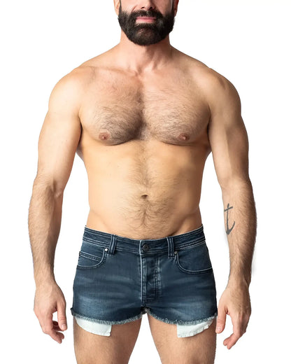 Duke short dark blue denim shorts with frayed hem and light-colored inner lining front view