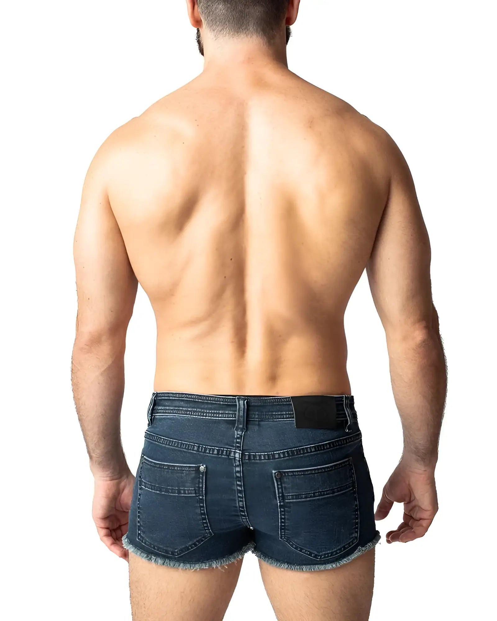 Dark blue denim duke shorts with frayed hem and back pockets shown from the back side