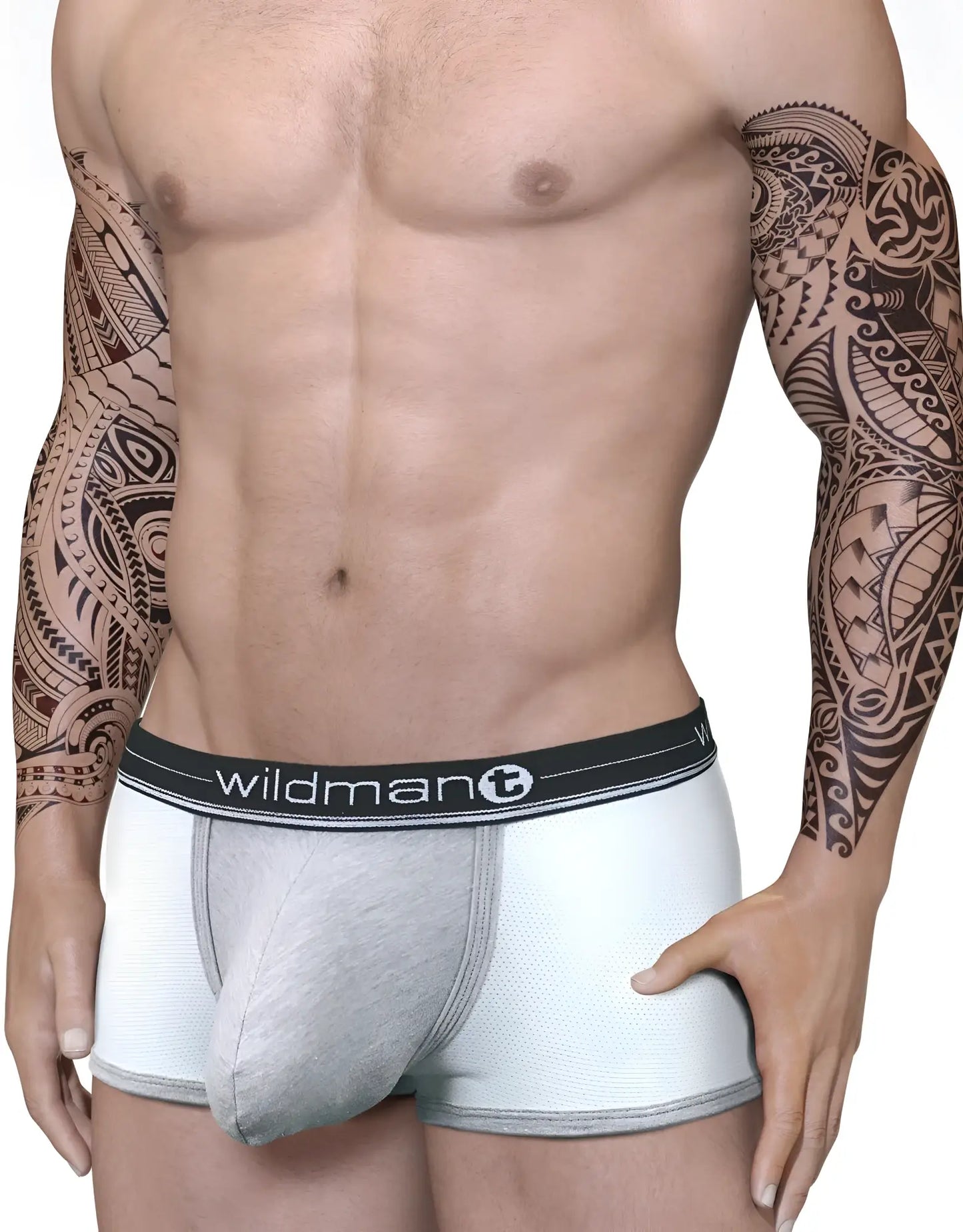 Gray textured men’s duo big boy pouch boxer briefs with black wildman branded elastic waistband