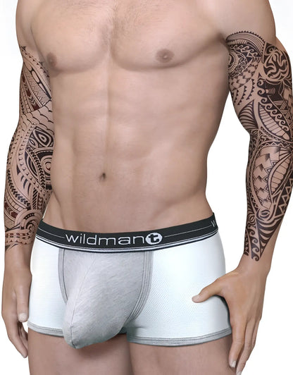 Gray textured men’s duo big boy pouch boxer briefs with black wildman branded elastic waistband