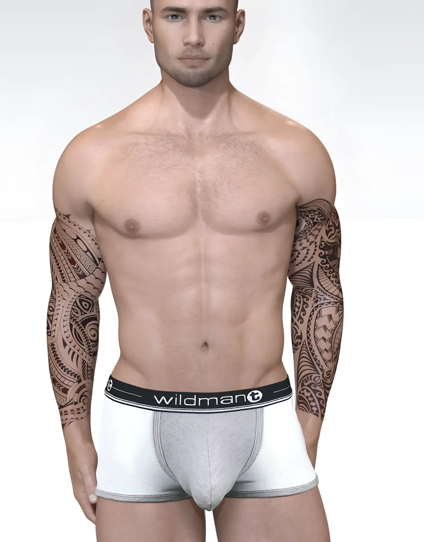 White and gray duo big boy pouch boxer brief with black waistband featuring wildman brand logo for athletic support
