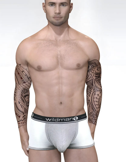 White and gray duo big boy pouch boxer brief with black waistband featuring wildman brand logo for athletic support