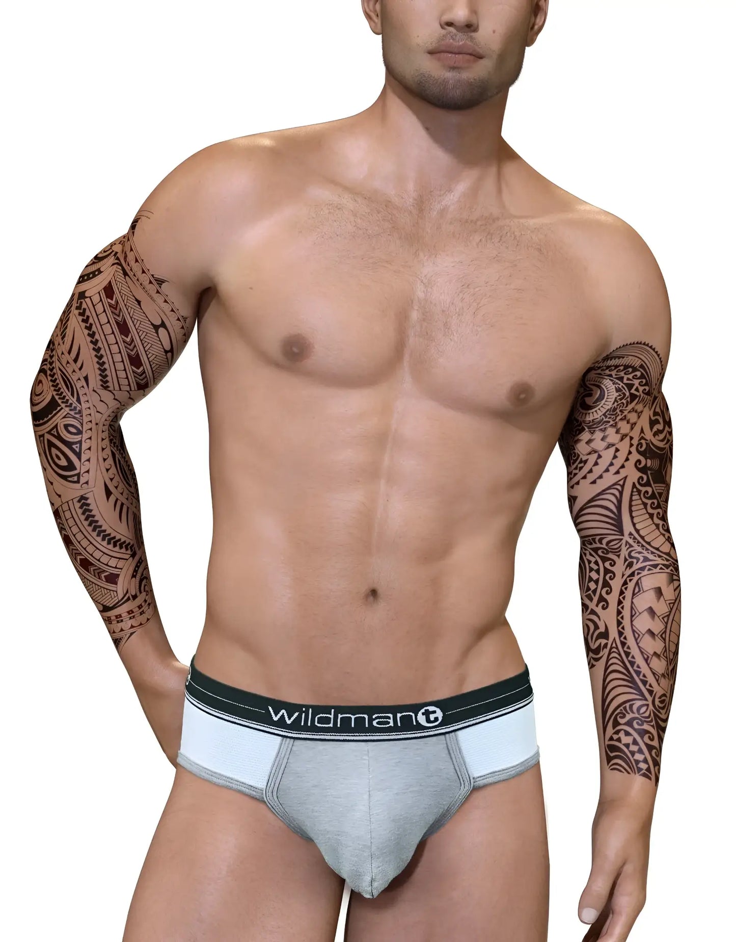 Gray wildman duo big boy pouch briefs in black with a black elastic waistband featuring the wildman logo