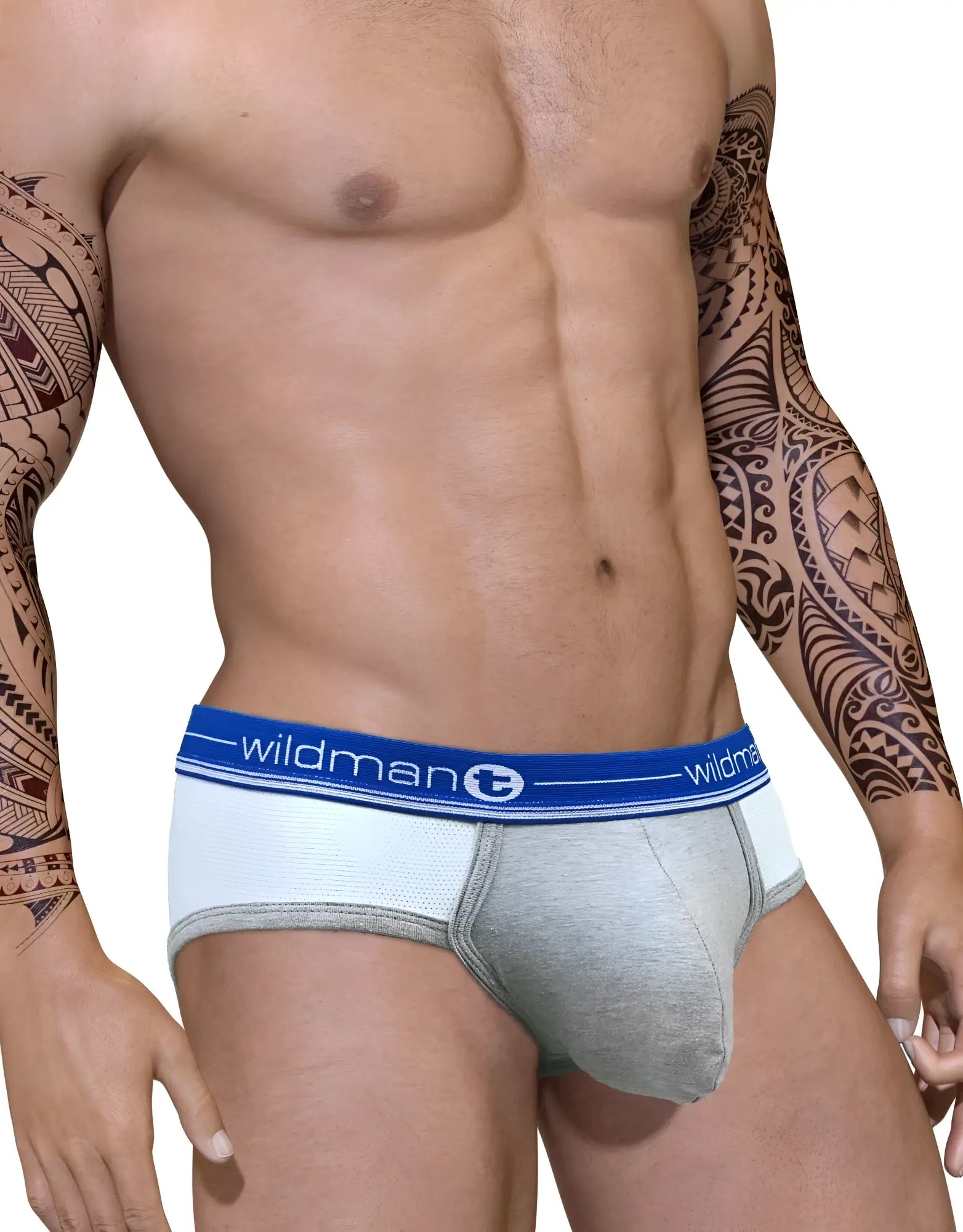 Gray duo big boy pouch briefs with blue elastic waistband featuring wildman brand logo for athletic use