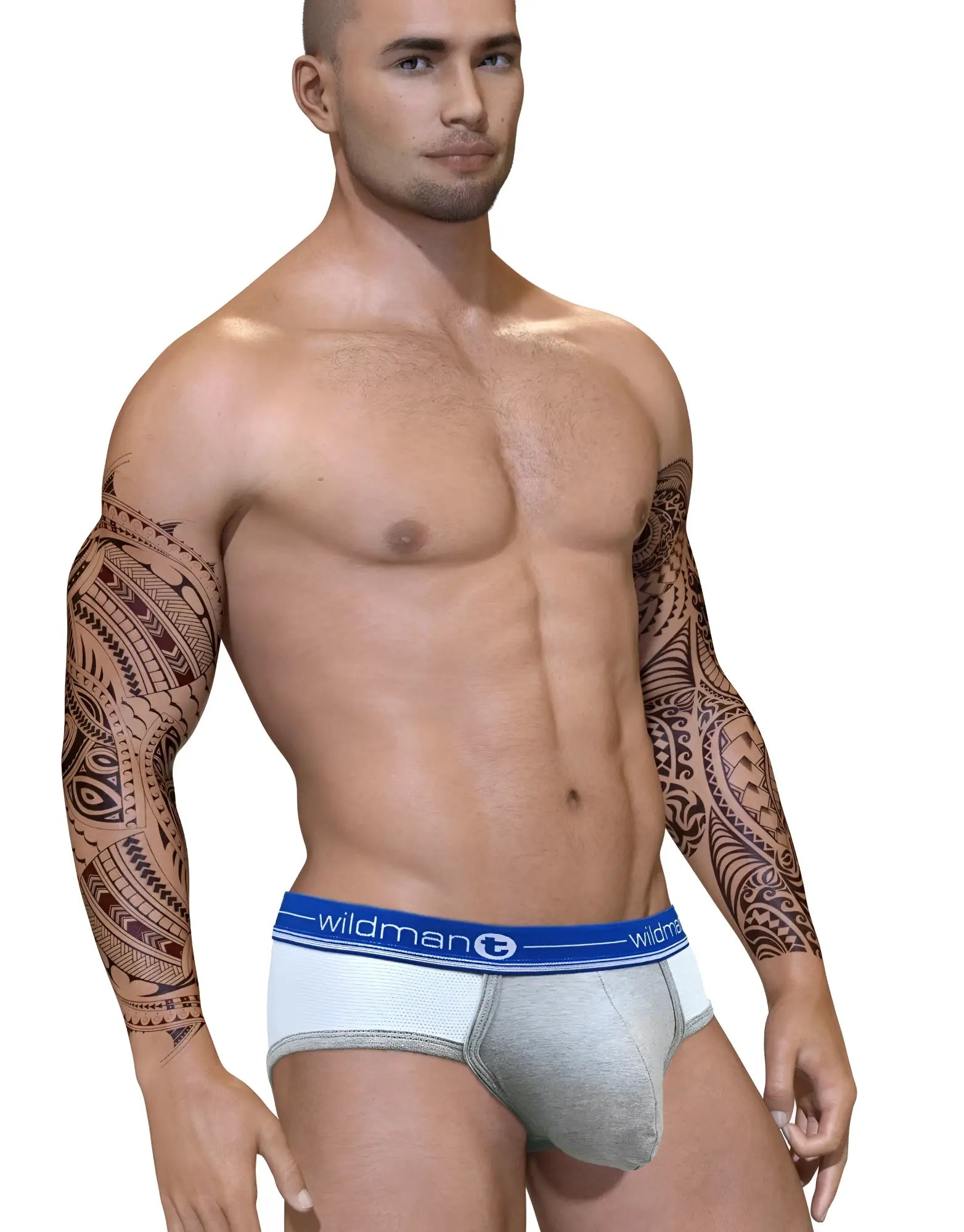 Gray duo big boy pouch brief with blue wildman waistband designed for athletic support and comfort