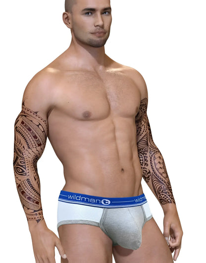 Gray duo big boy pouch brief with blue wildman waistband designed for athletic support and comfort