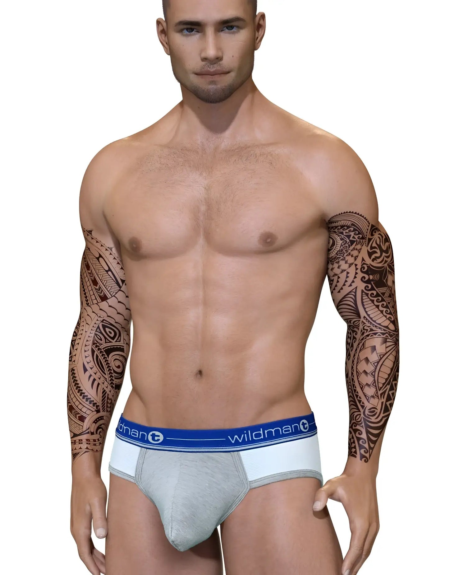 Gray and white athletic briefs with a blue wildman waistband featuring a supportive duo big boy pouch design