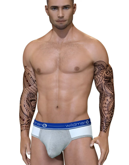 Gray and white athletic briefs with a blue wildman waistband featuring a supportive duo big boy pouch design