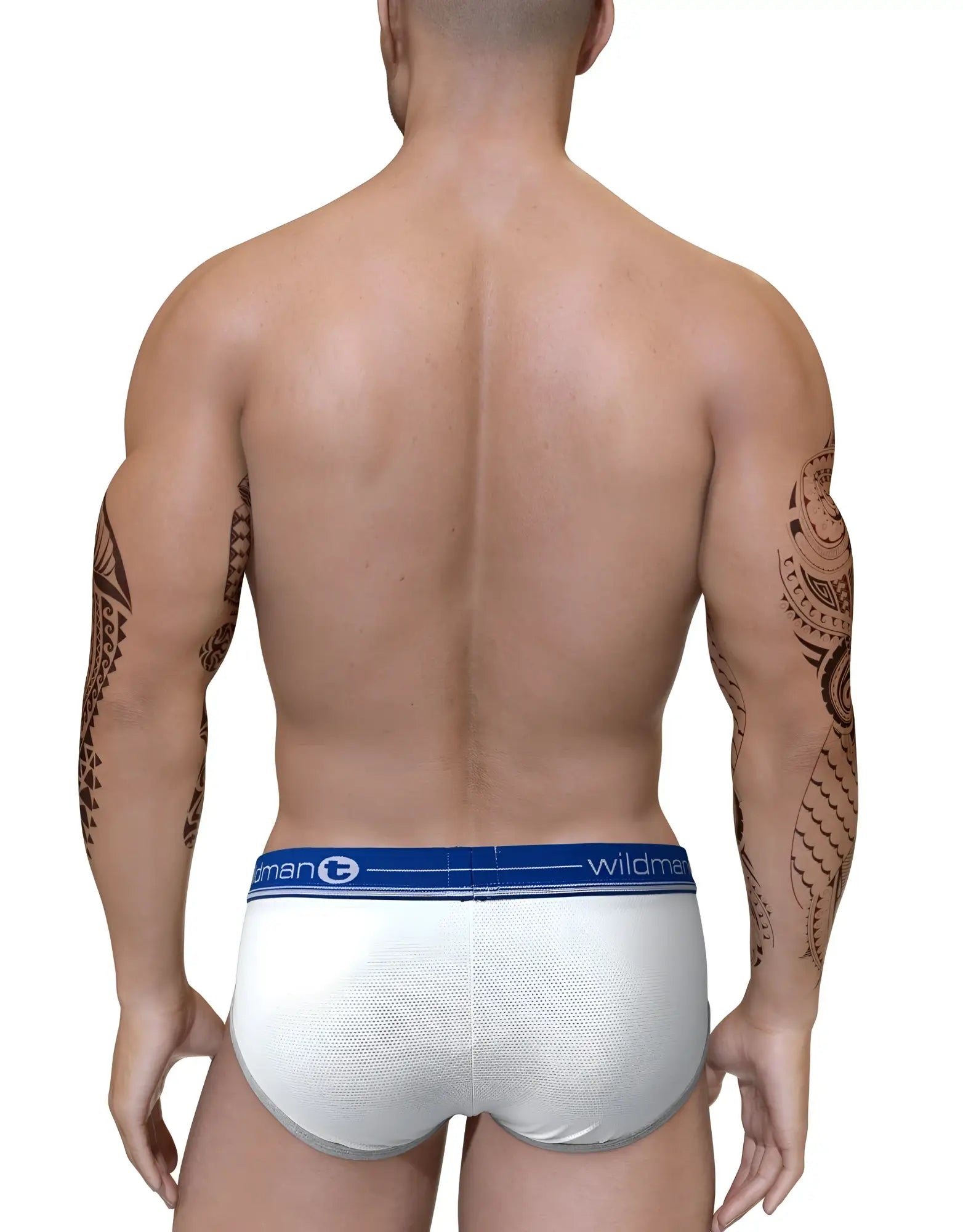 White mesh duo big boy pouch briefs with blue wildman waistband logo for comfortable everyday wear