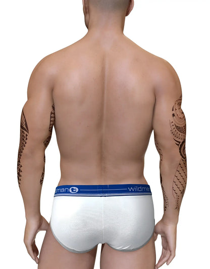 White mesh duo big boy pouch briefs with blue wildman waistband logo for comfortable everyday wear