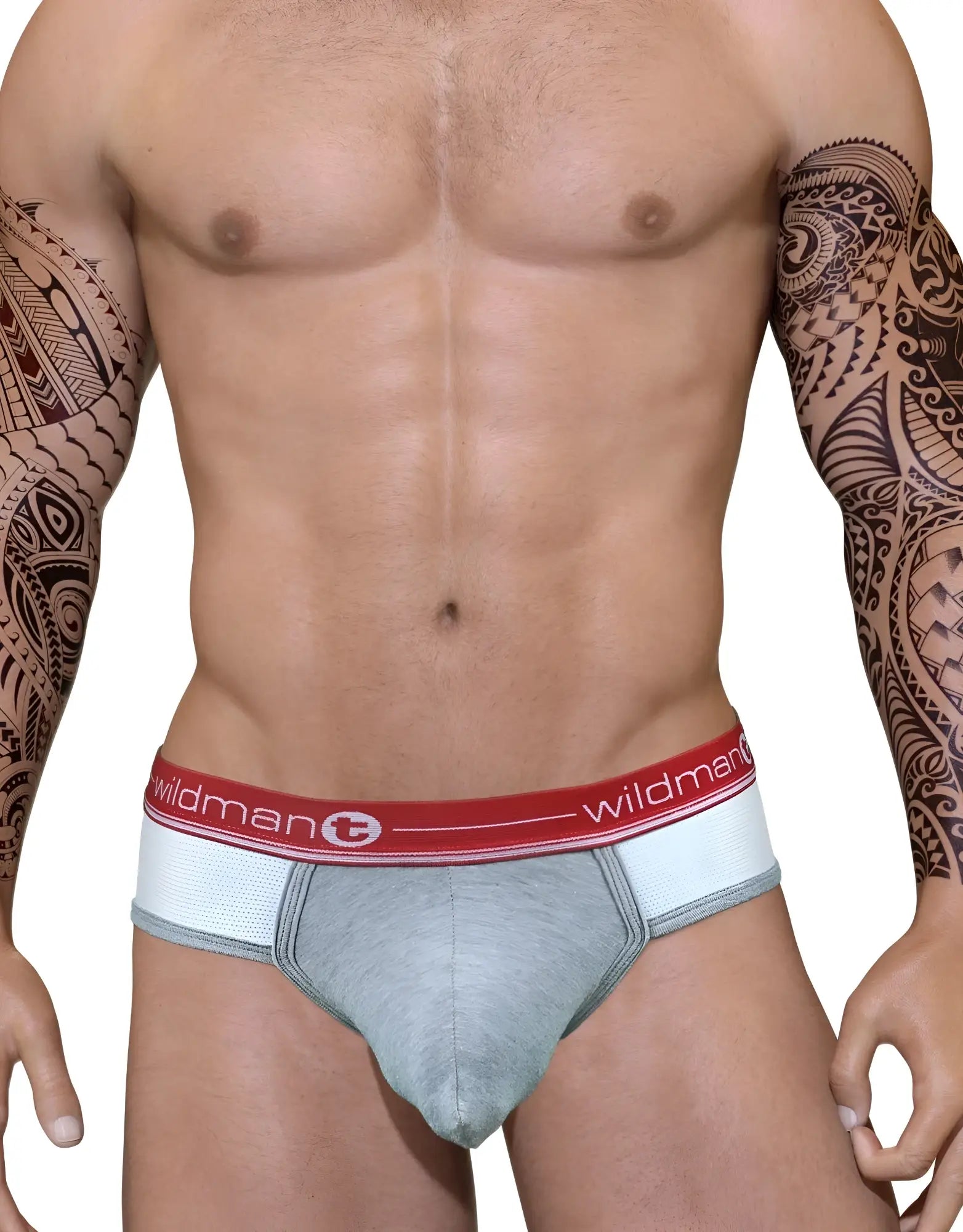 Gray duo big boy pouch briefs with a red and white wildman elastic waistband designed for athletic comfort