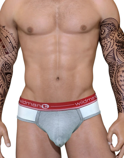 Gray duo big boy pouch briefs with a red and white wildman elastic waistband designed for athletic comfort