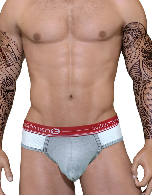 Gray duo big boy pouch briefs with a red and white wildman elastic waistband designed for athletic comfort