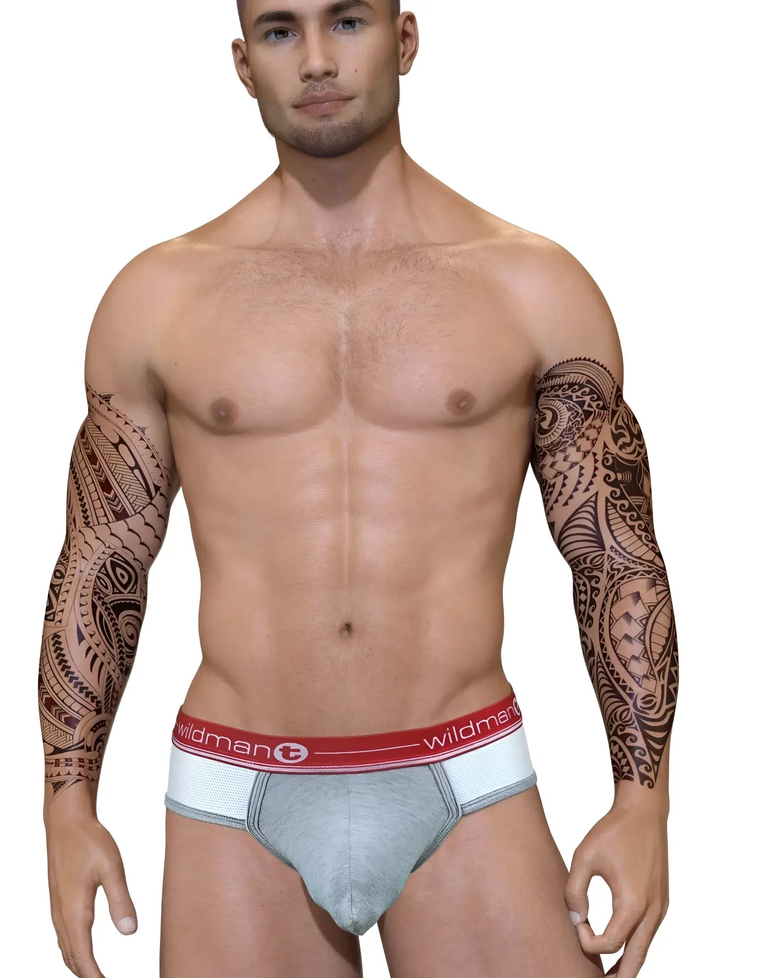 Gray cotton duo big boy pouch briefs with red and white wildman elastic waistband for comfortable wear