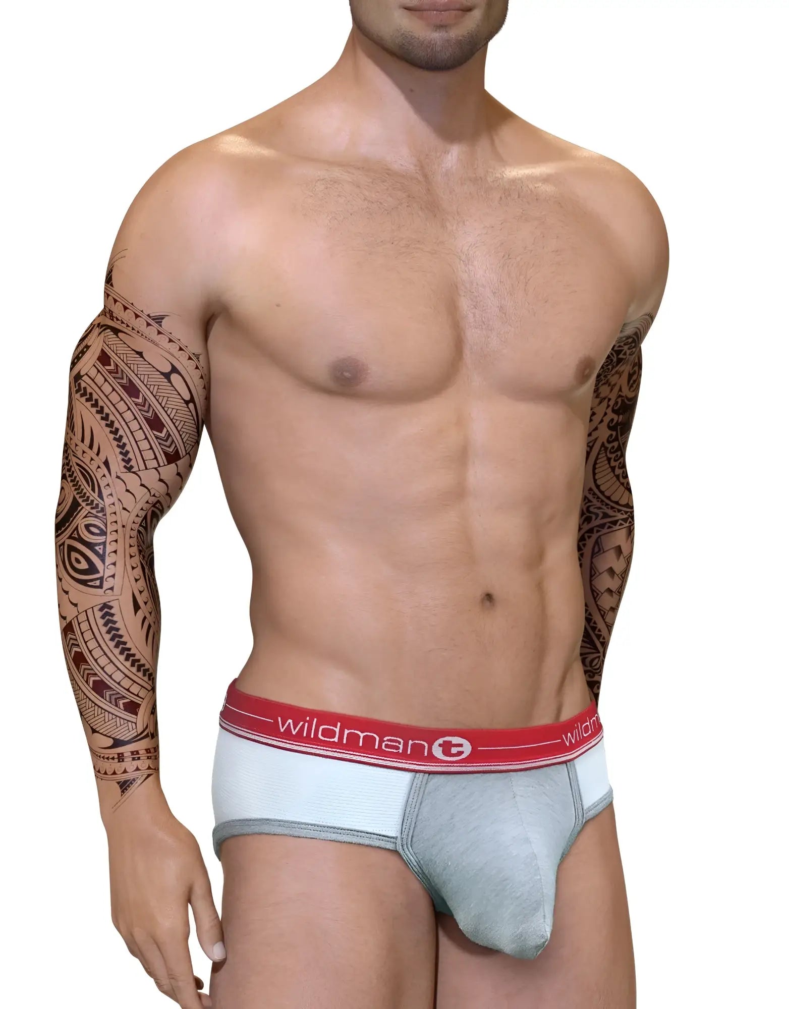 Gray and white duo big boy pouch brief with a red waistband featuring wildman logo for athletic wear