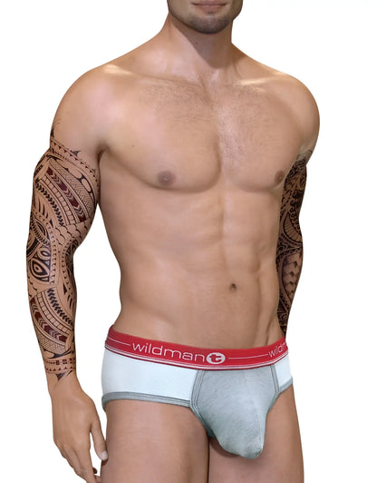 Gray and white duo big boy pouch brief with a red waistband featuring wildman logo for athletic wear