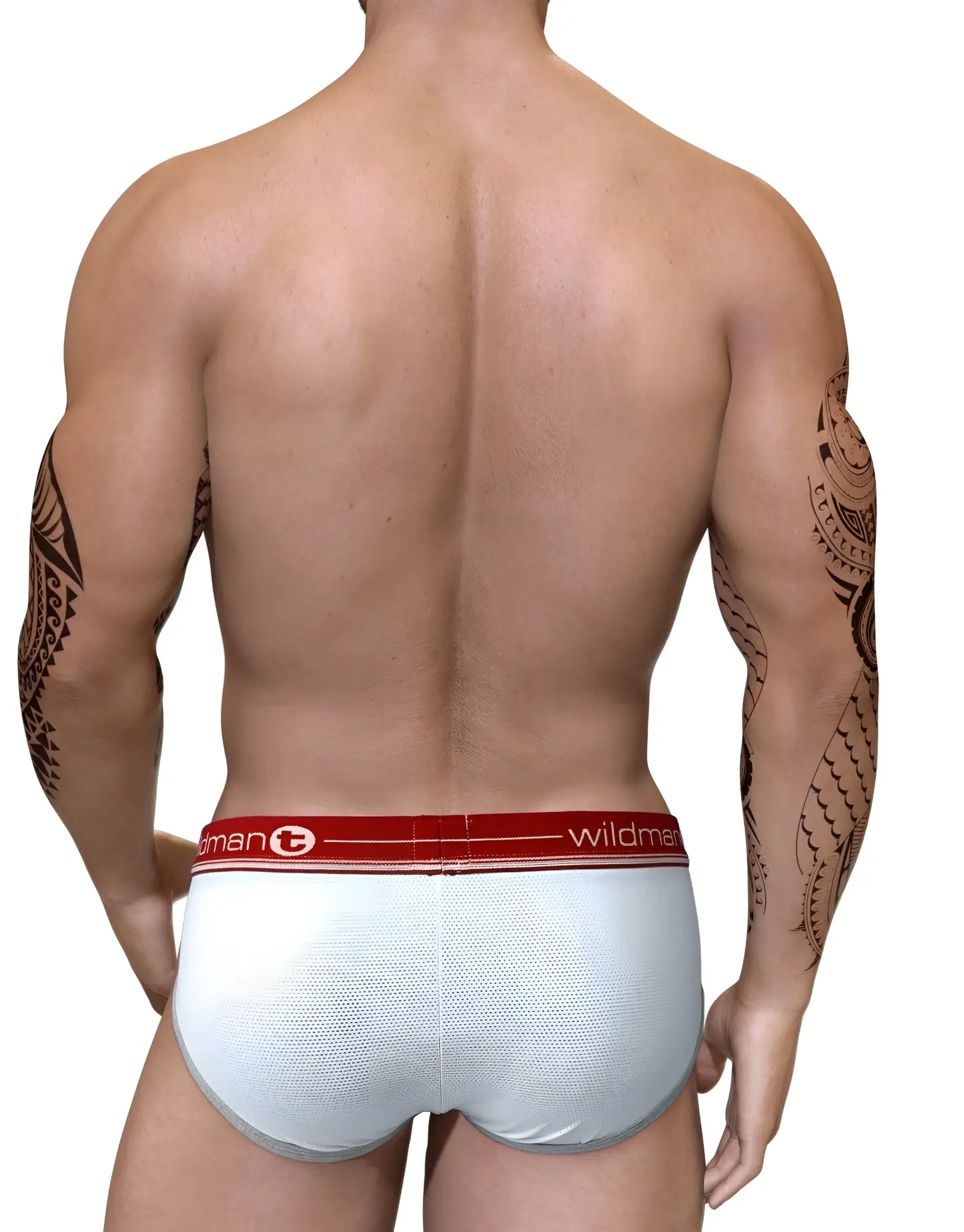 White textured briefs with red elastic waistband featuring wildman logo duo big boy pouch brief red style