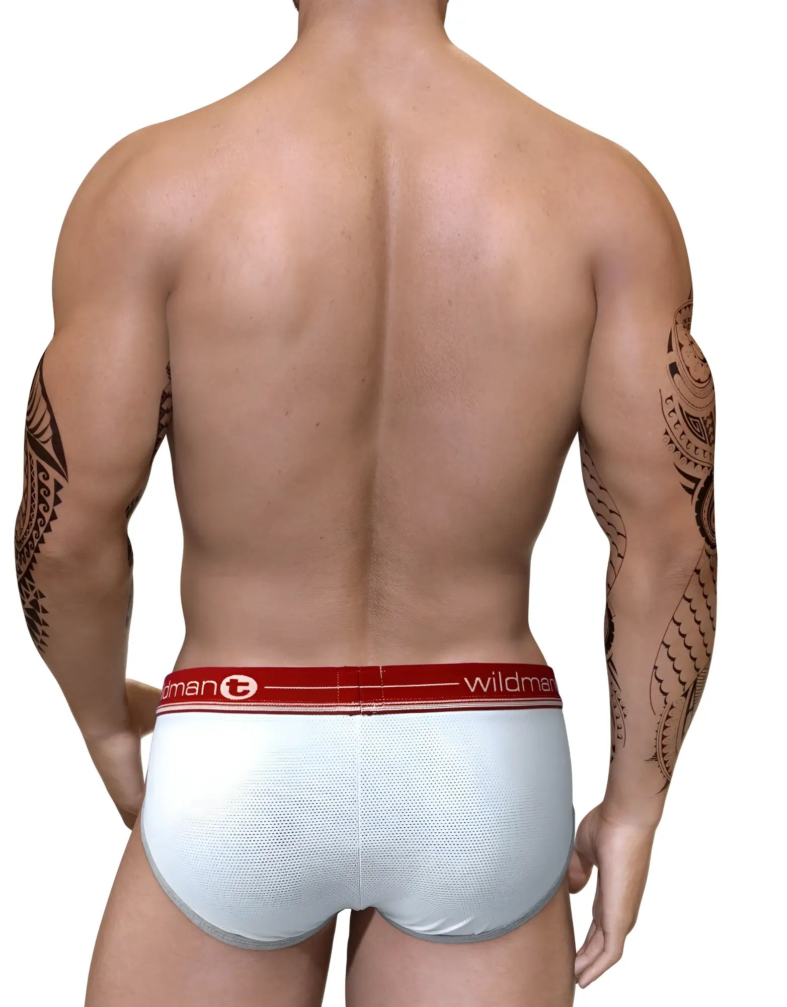 White textured briefs with red elastic waistband featuring wildman logo duo big boy pouch brief red style