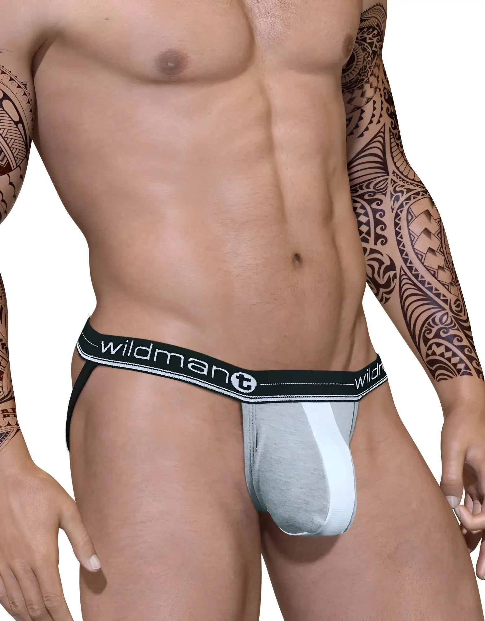 Gray and white athletic brief with black waistband and wildman branding in duo big boy pouch jock strap design