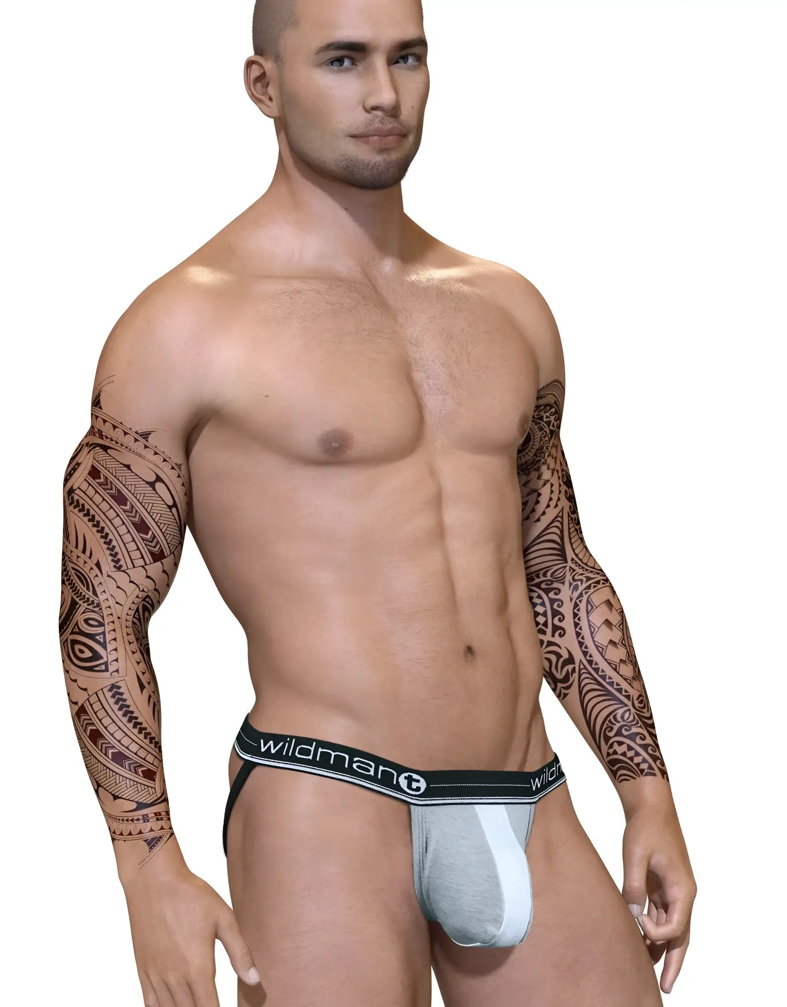 Gray and white athletic jock strap with black wildman waistband from duo big boy pouch collection