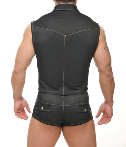 Durango denim muscle vest in black with white stitching paired with matching black denim shorts