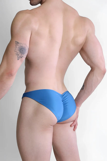 Blue athletic briefs with ruched back design in neon blue for dynamic classic scrunch-butt fit and comfort