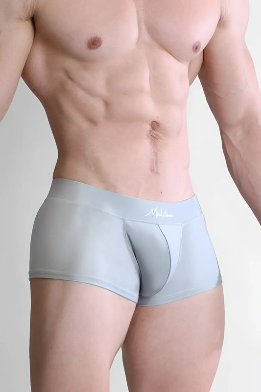 Light gray sleek-fitting menâ€™s boxer briefs with subtle mallabu logo on waistband in dynamic sheen dark grey style