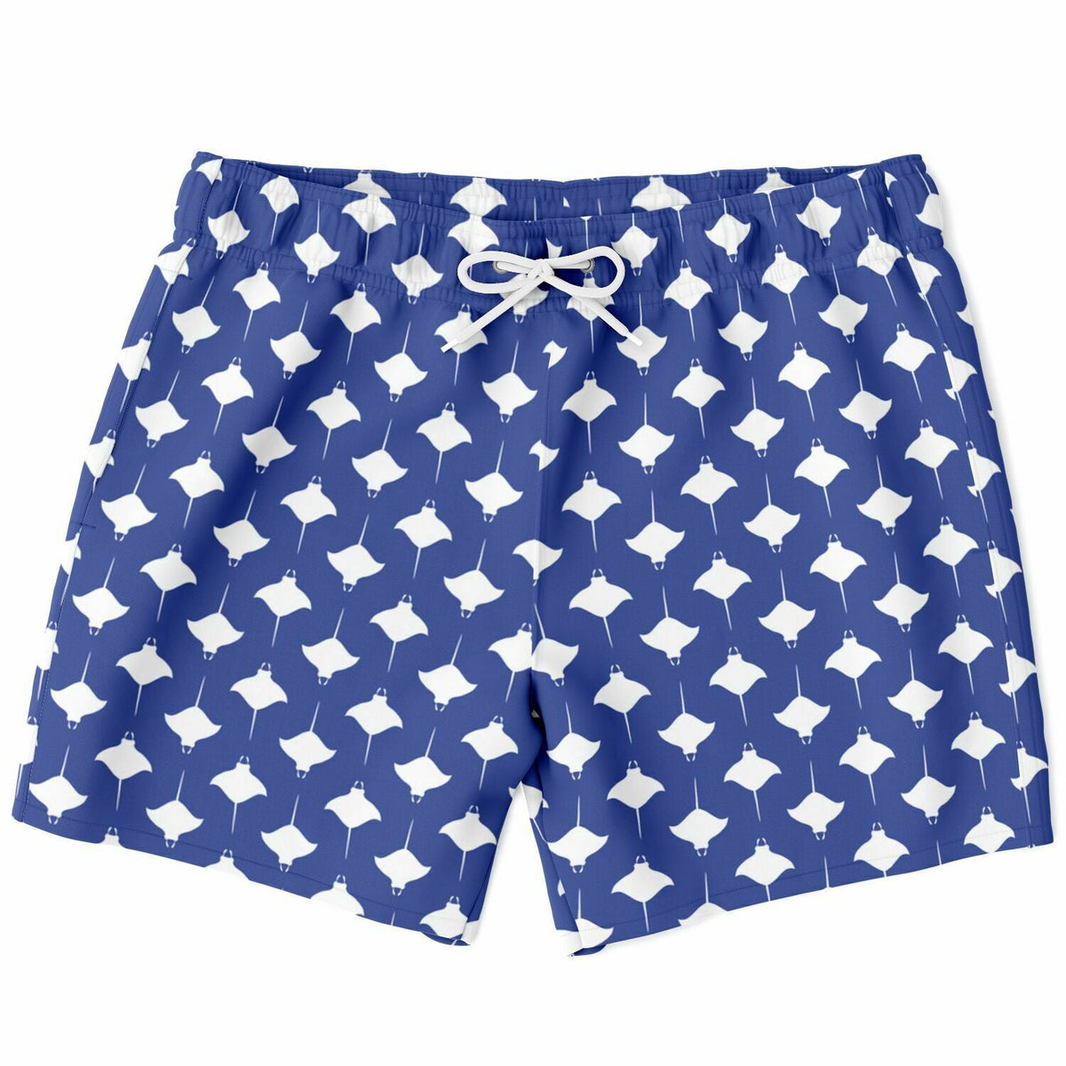 Blue swim shorts with white manta ray pattern elastic waistband and drawstring by Maris Equi