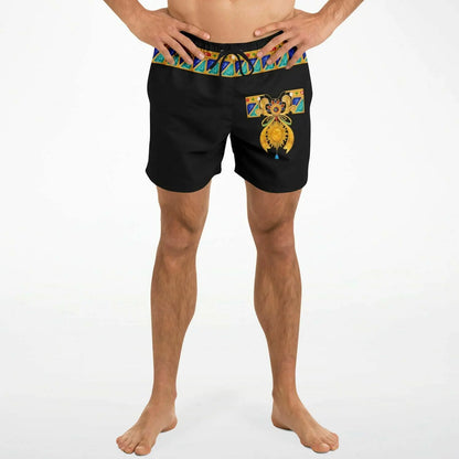 Black men's swim shorts with colorful bejeweled waistband and decorative front design by Maris Equi.