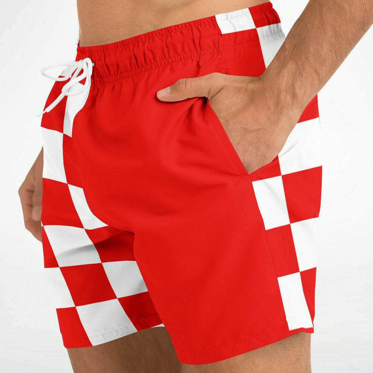 Red and white checkered men's swim shorts with side pockets made of quick-drying material by Maris Equi