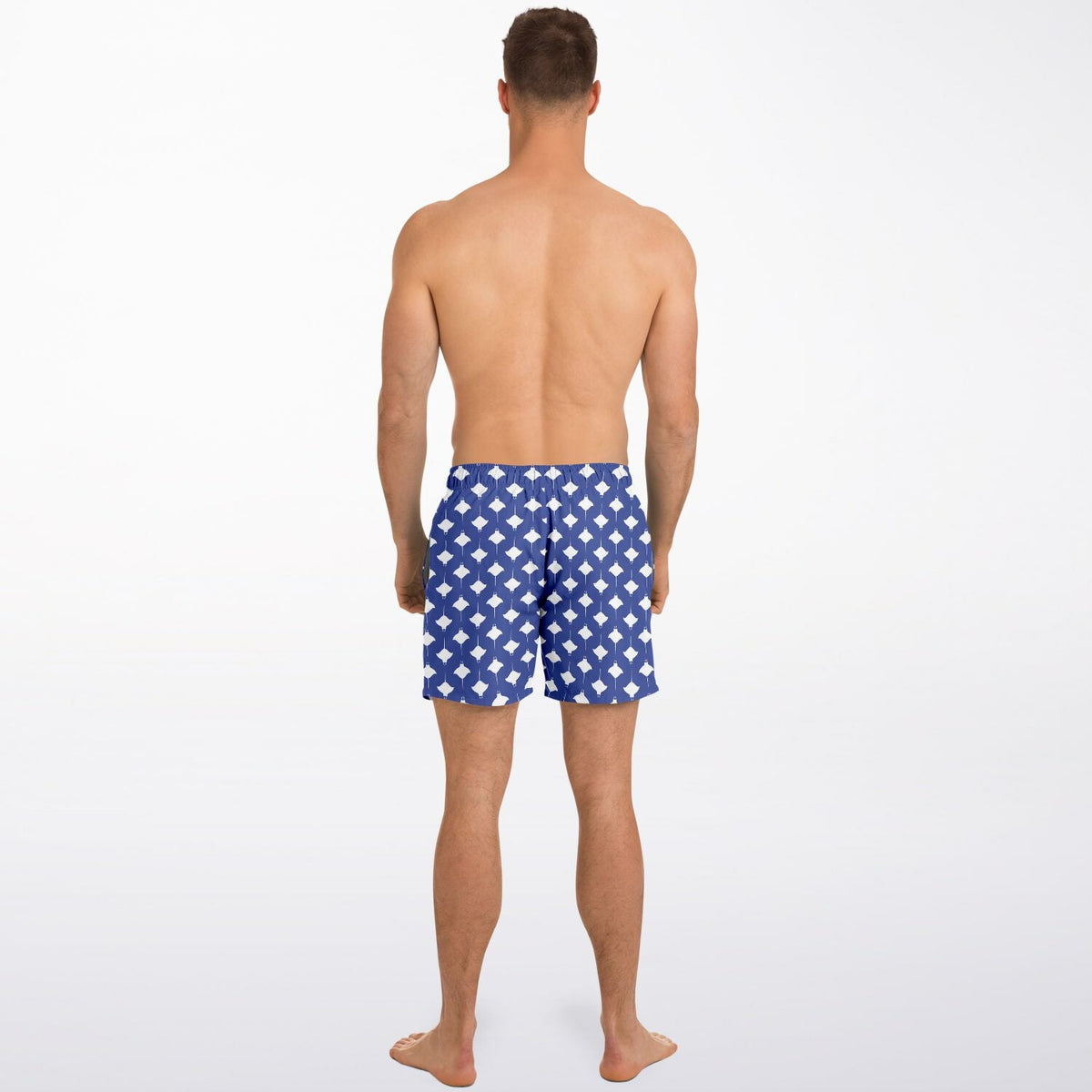 Men's swim shorts in blue with white manta ray pattern made by Maris Equi featuring a comfortable fit and elastic waistband.