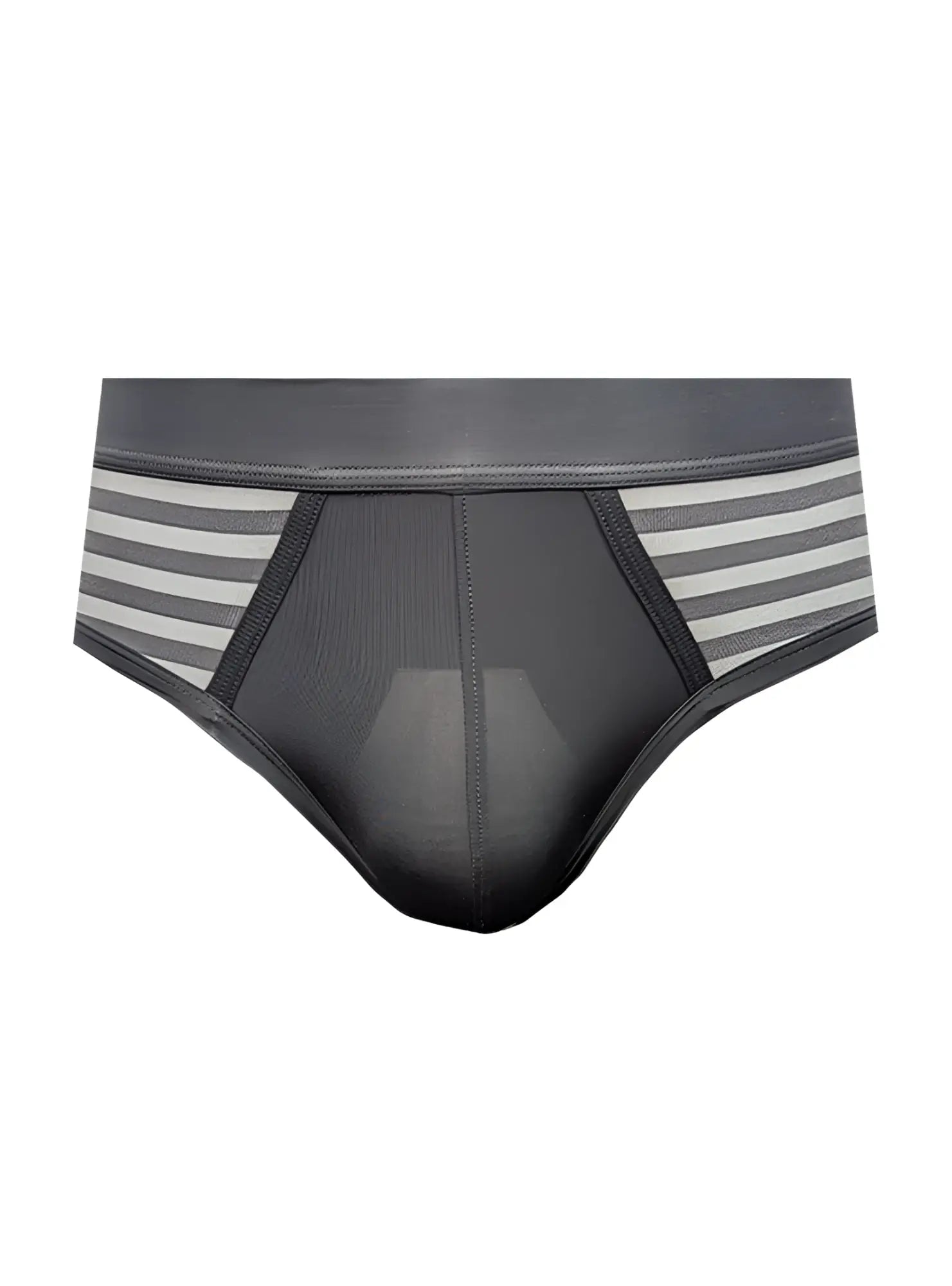 Black and gray striped men’s easy stretch briefs with breathable mesh panel for comfortable all-day wear