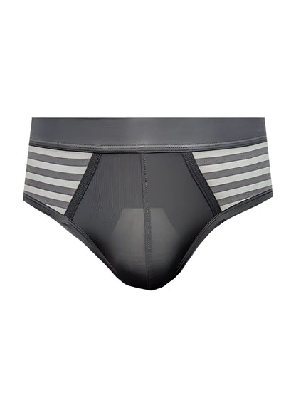Black and gray striped men’s easy stretch briefs with breathable mesh panel for comfortable all-day wear