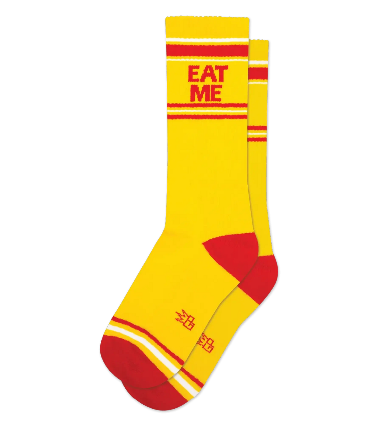 Eat me crew socks bright yellow with bold red stripes red toe heel and eat me printed on the cuff