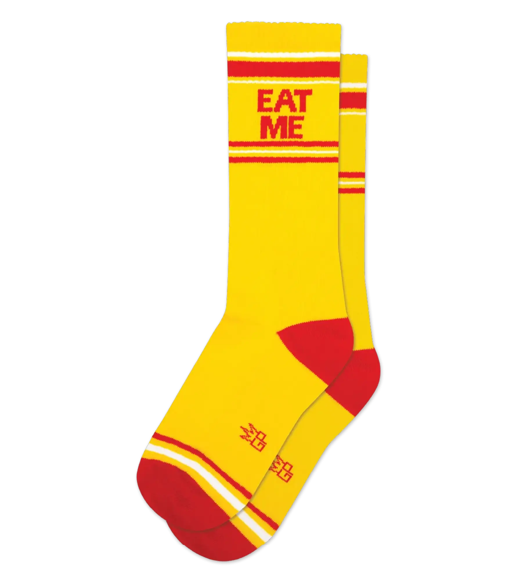 Eat me crew socks bright yellow with bold red stripes red toe heel and eat me printed on the cuff