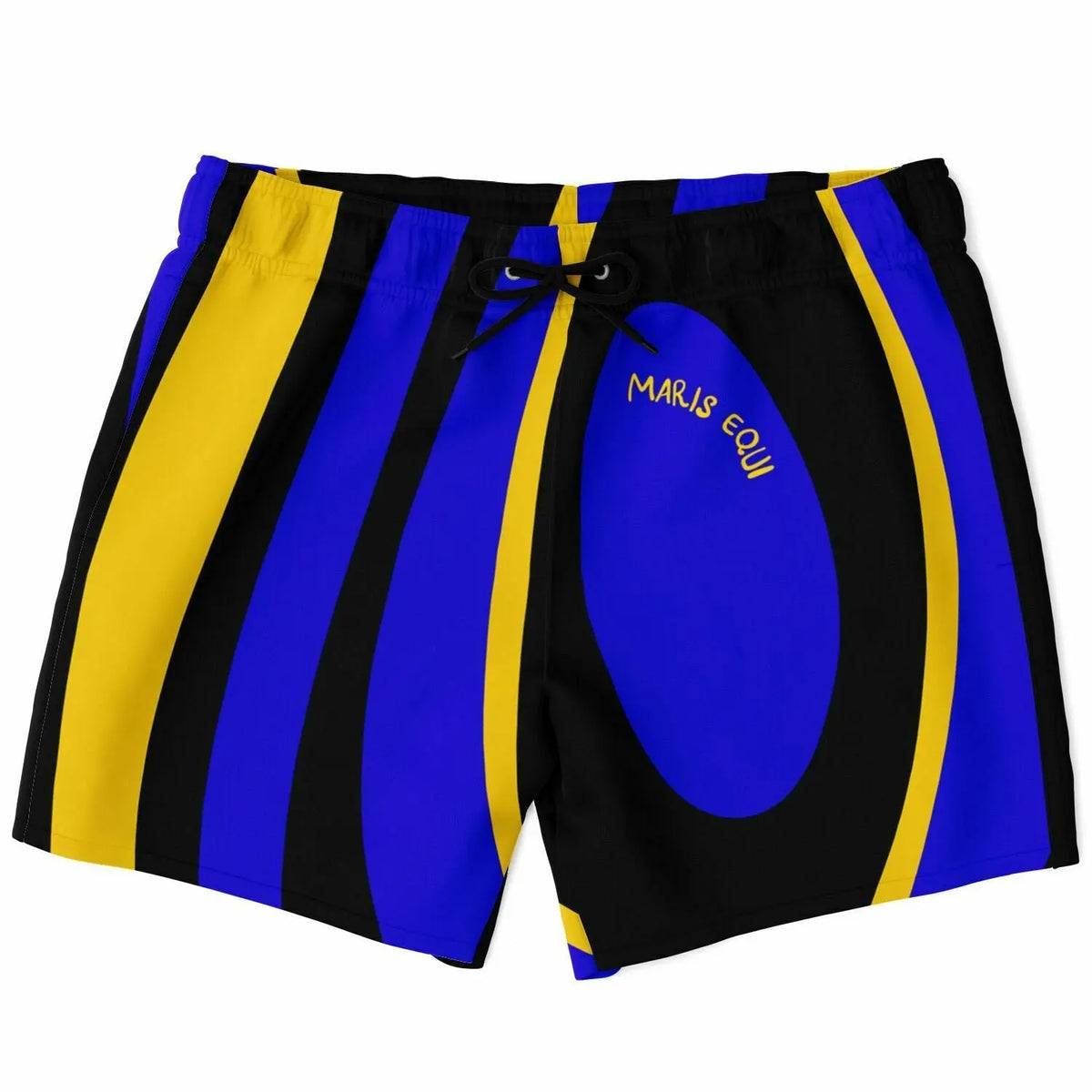 Men's swim shorts in blue yellow and black with a surgeonfish print featuring an elastic waistband and drawstring by Maris Equi